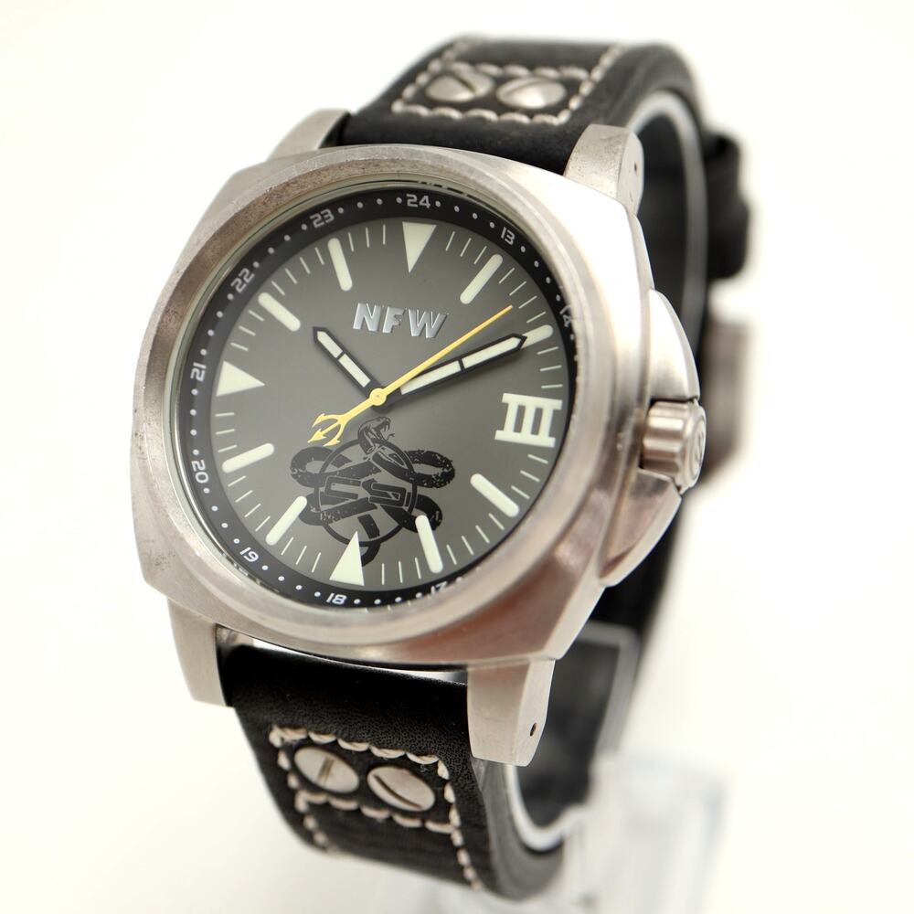NFW Dive Mens Silver Tone 46mm Watch Black Leather Strap with New Battery